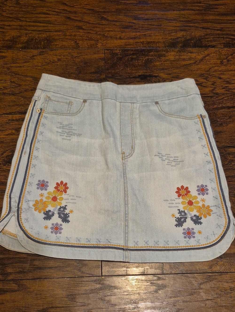 Tribal Light Wash Denim Mini Skort with Multicolor Floral Embroidery